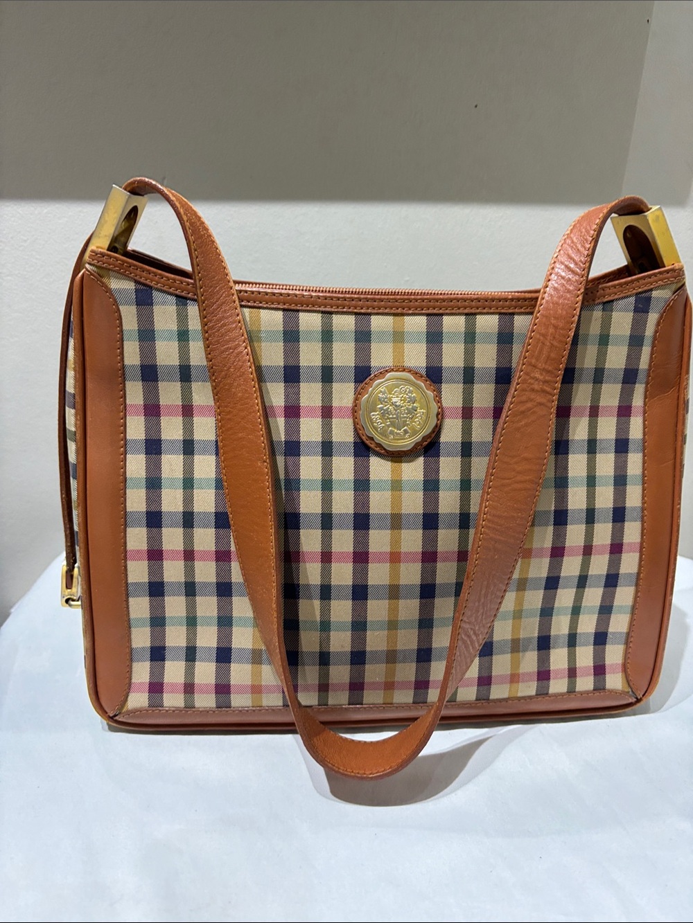 DAKS Plaid Canvas Convertible Shoulder Bag with Tan Leather Trim